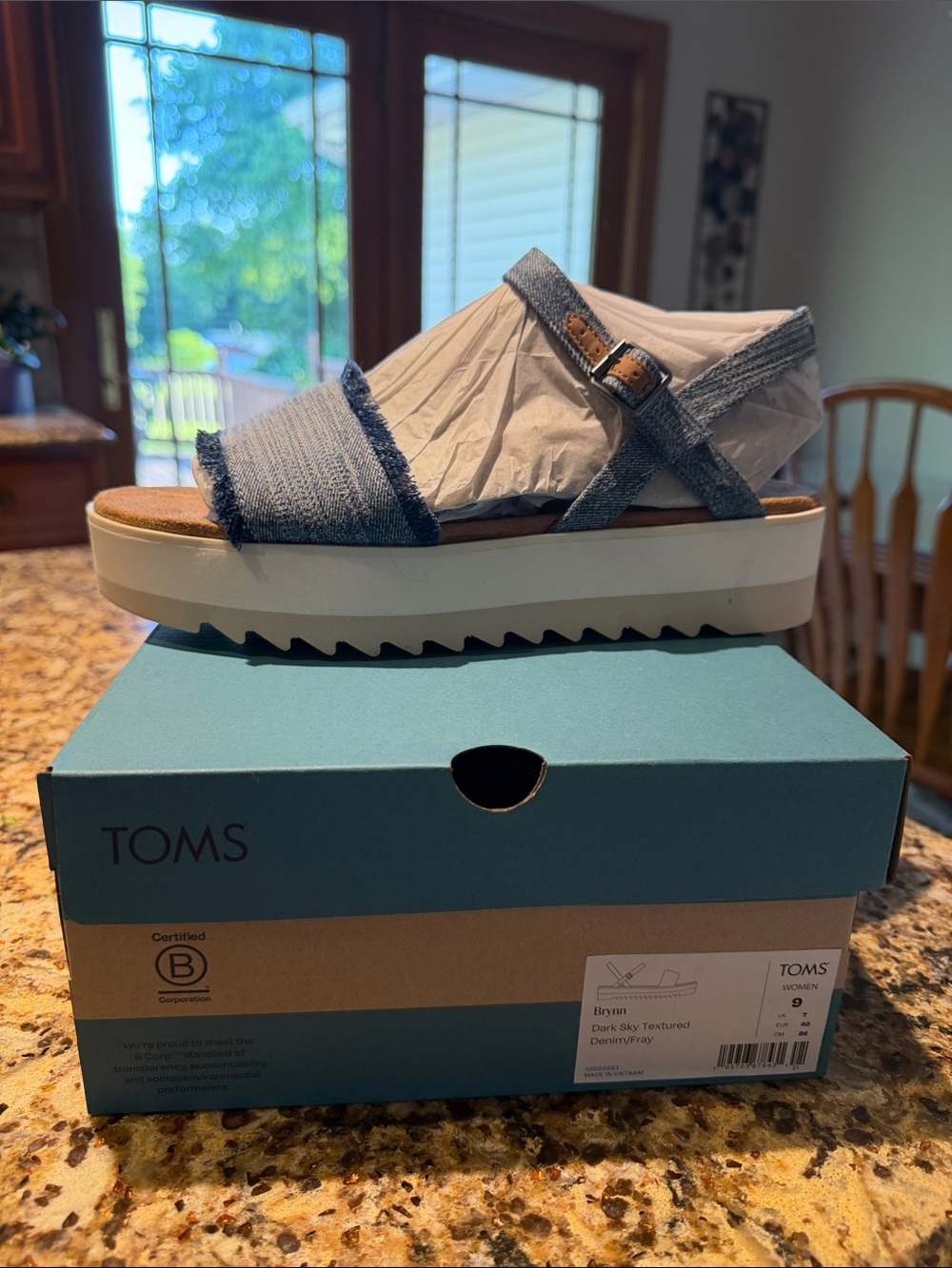 TOMS Denim-Textured Blue Platform Sandals with White Sole